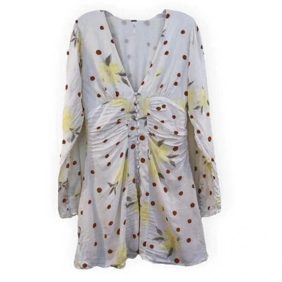 Free People Floral Dot Bohemian Ruched Button Up V Neck Long Sleeve Mini Dress S - Picture 1 of 9